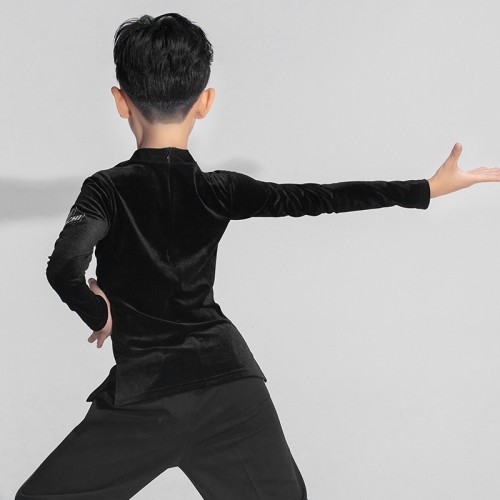 Boys Children Black Velvet Latin Ballroom Dance Shirts v Neck Professional Waltz Tango Dancing Tops For Kids